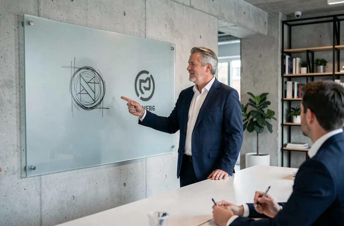 Consultant en branding présentant l'évolution d'un symbole vers un logo professionnel devant une équipe en réunion