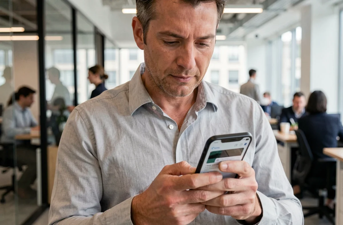 Homme consultant ses emails Orange sur smartphone dans un environnement de bureau professionnel