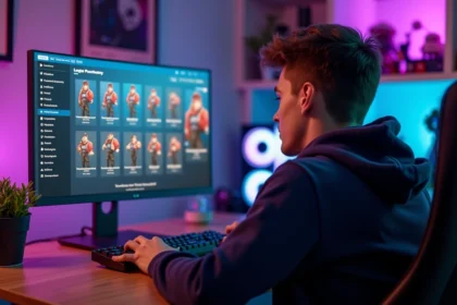 Joueur consultant l'historique d'achat Valorant sur son PC de bureau dans une salle de jeux