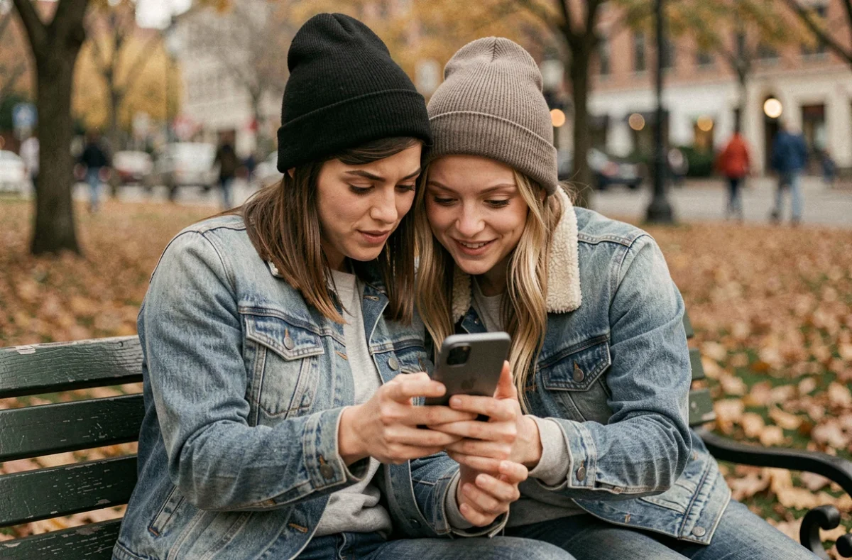 Deux amis regardant discrètement une story Snapchat sur un téléphone partagé dans un parc en automne