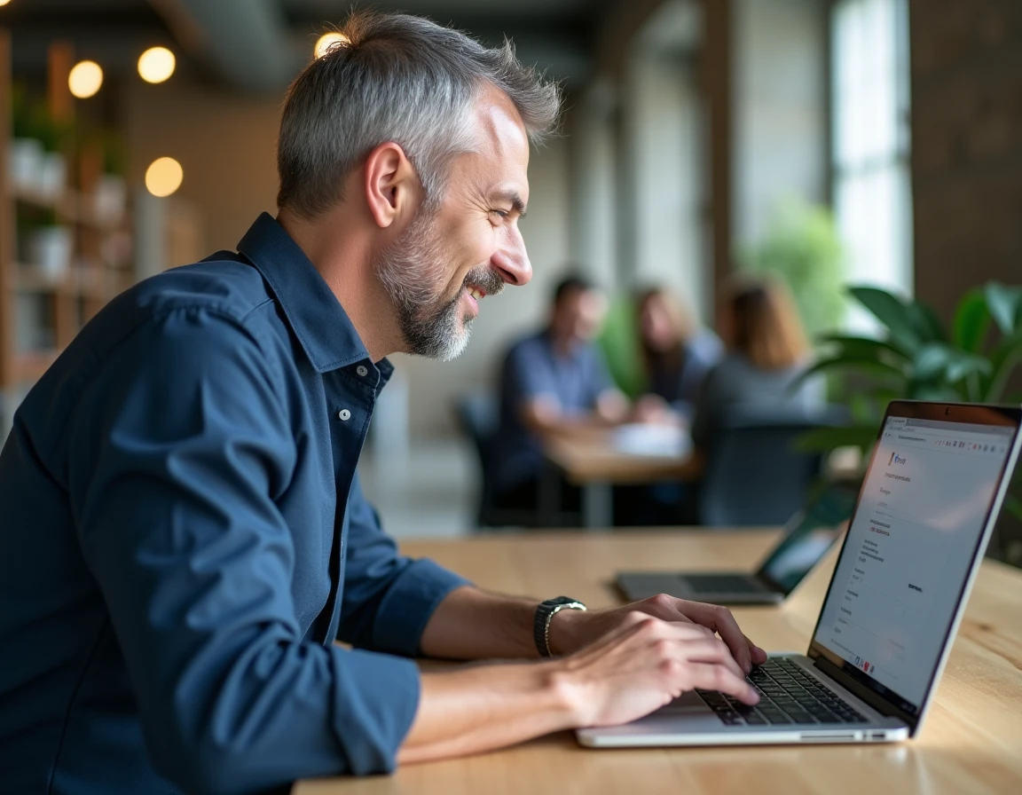 Homme utilisant un correcteur grammatical intégré à Gmail via une extension Chrome en open space