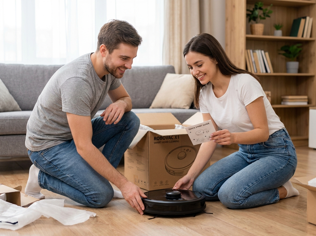 Couple déballant un aspirateur robot reçu après un achat en ligne de produits high-tech