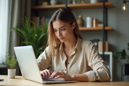 Jeune femme créant une page bio en ligne sur son ordinateur portable dans un bureau à domicile moderne