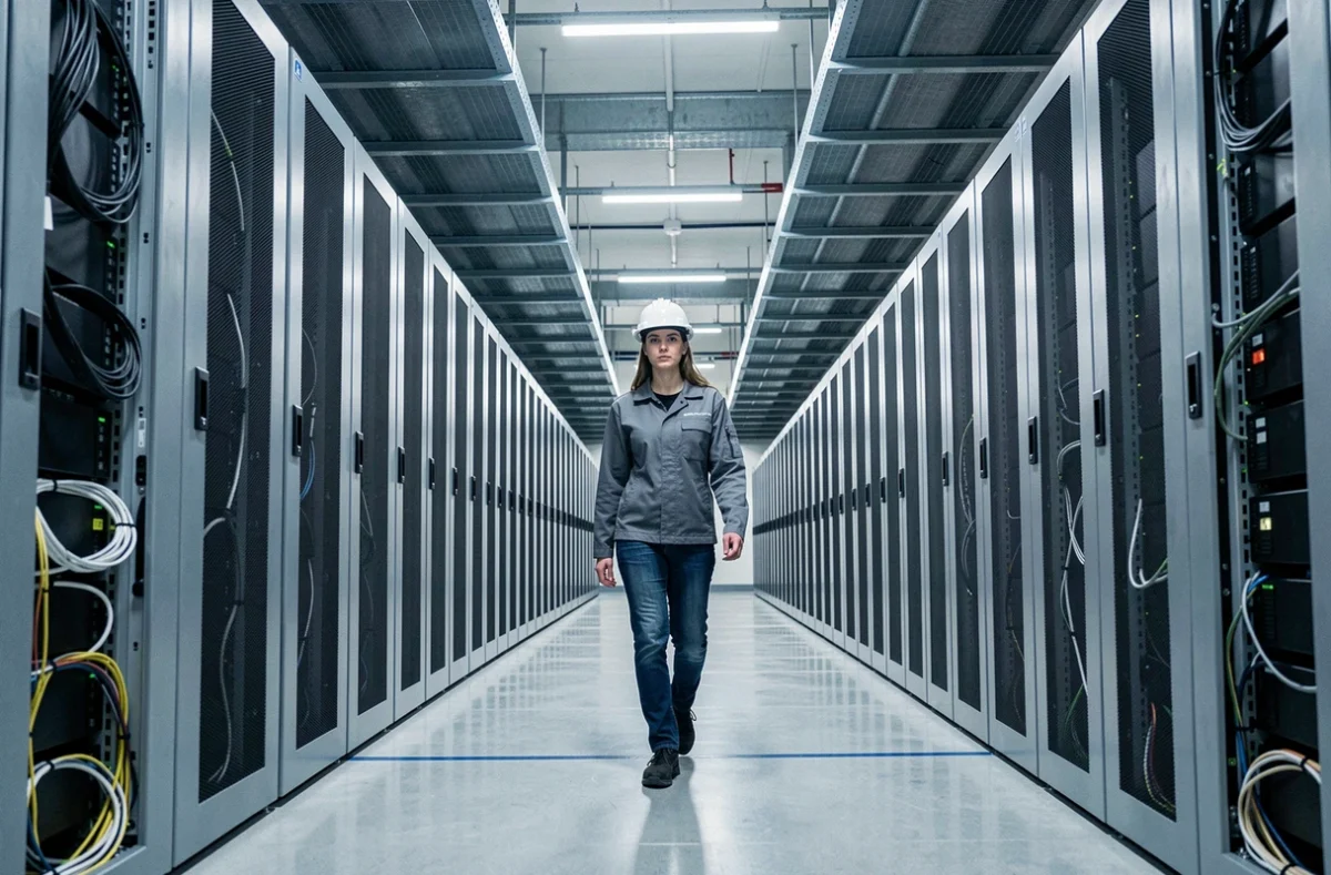 Ingénieure inspectant les baies de serveurs dans un datacenter propriétaire de Dataouest en Normandie
