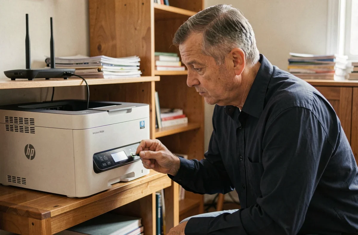 Homme diagnostiquant une erreur de connexion sur le panneau de contrôle d'une imprimante HP à domicile