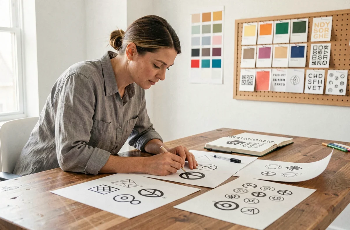 Designer graphique étudiant des esquisses de logos imprimées sur un bureau en bois dans un studio créatif