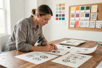 Designer graphique étudiant des esquisses de logos imprimées sur un bureau en bois dans un studio créatif