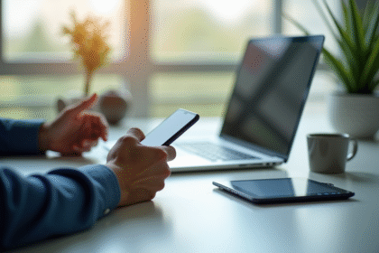 Designer professionnel utilisant un smartphone pour naviguer sur un site moderne