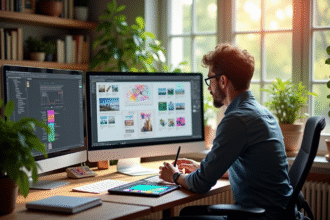 Designer moderne au bureau avec moniteurs et croquis pour un article sur le design