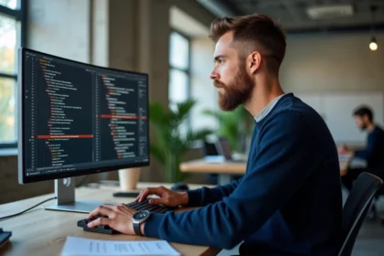 Développeur web masculin étudiant des exemples de code HTML de formulaire sur un grand écran dans un bureau moderne