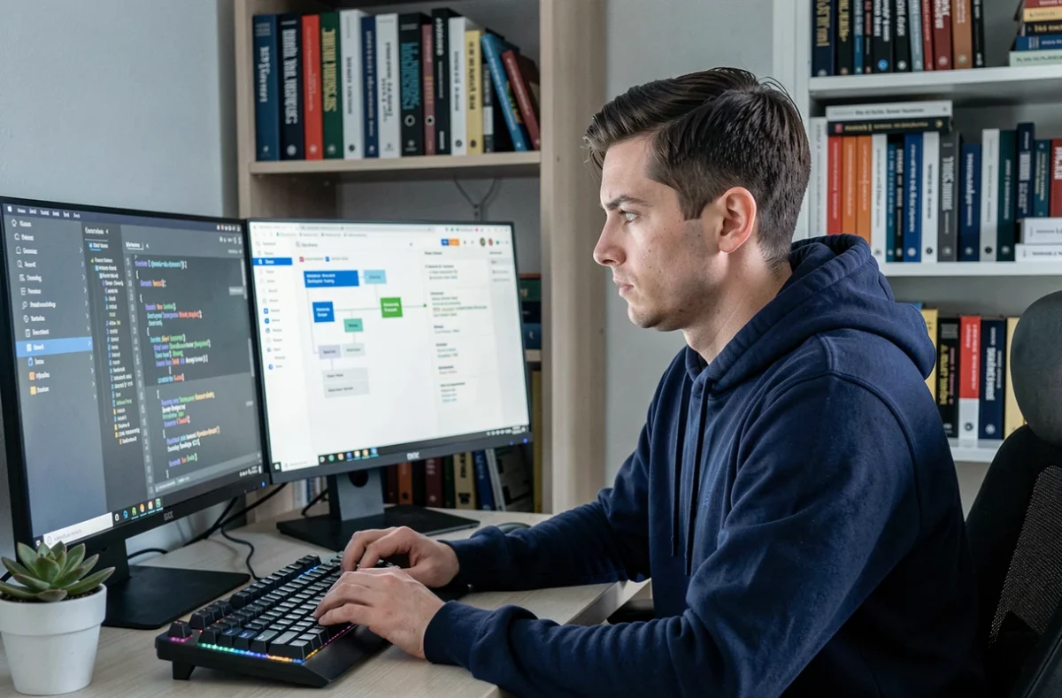 Développeur SaaS roumain concentré devant un double écran affichant du code et une roadmap produit depuis son bureau à domicile
