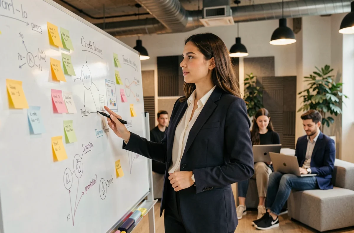 Consultante de Devoteam Creative Technology présentant des concepts d'innovation numérique sur un tableau blanc dans un studio créatif