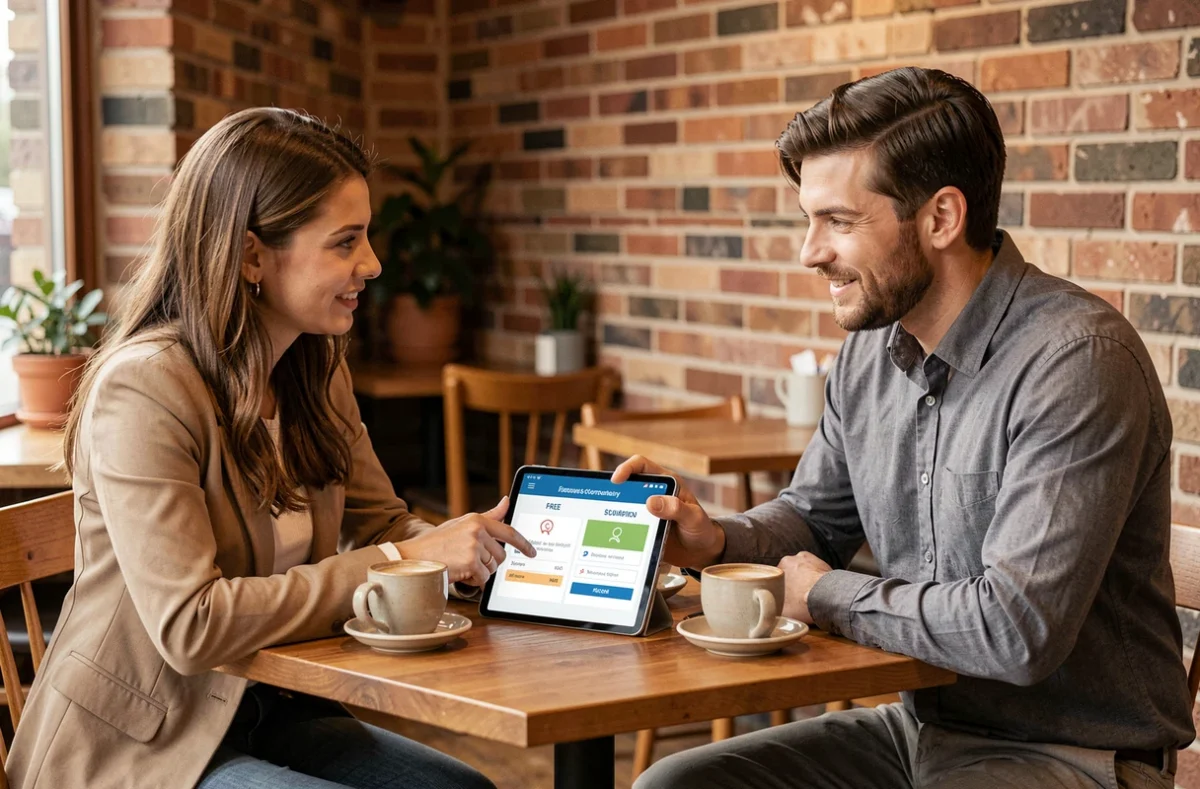 Deux collègues discutant des fonctionnalités d'un abonnement gratuit versus payant autour d'une tablette dans un café