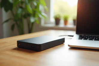 Disque dur externe connecté à un ordinateur portable lumineux