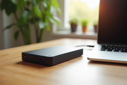 Disque dur externe connecté à un ordinateur portable lumineux