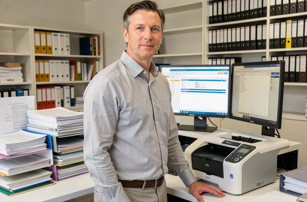 Spécialiste de Docaposte gérant la numérisation et l'archivage documentaire dans un bureau administratif moderne