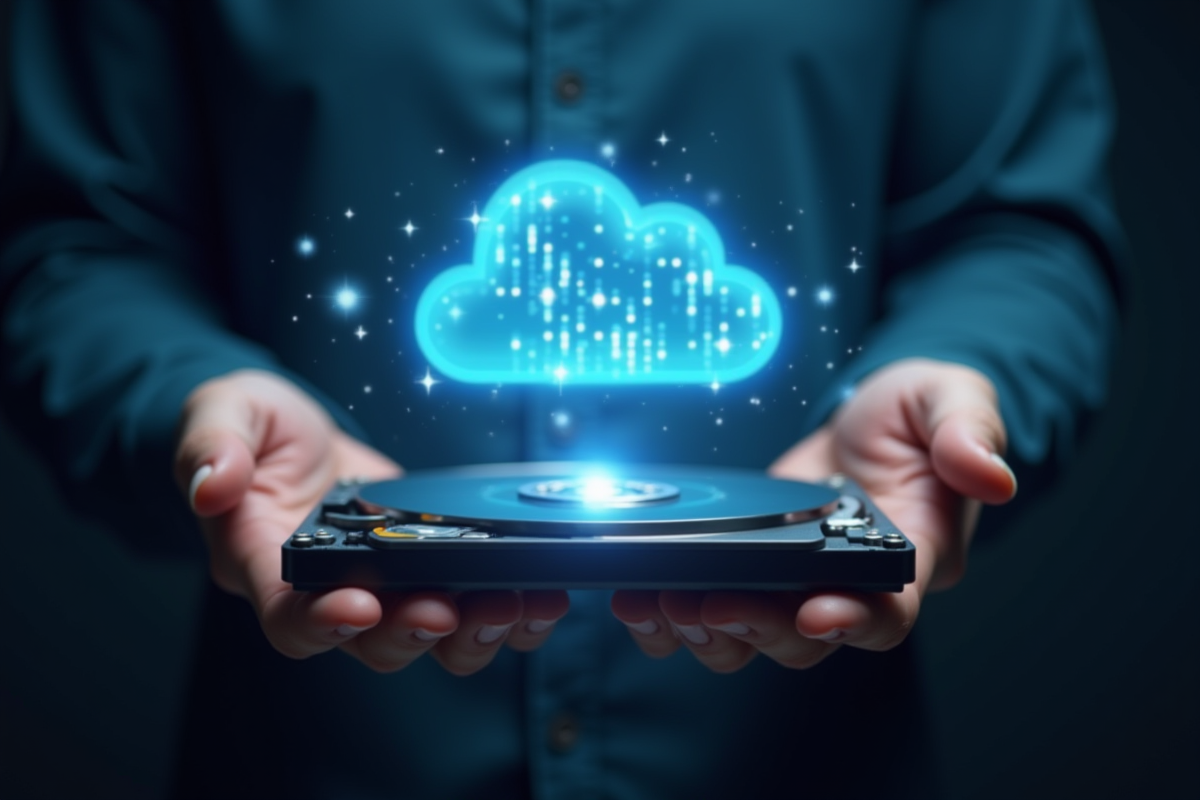 Mains tenant un disque dur avec icones de donnees digitales flottantes