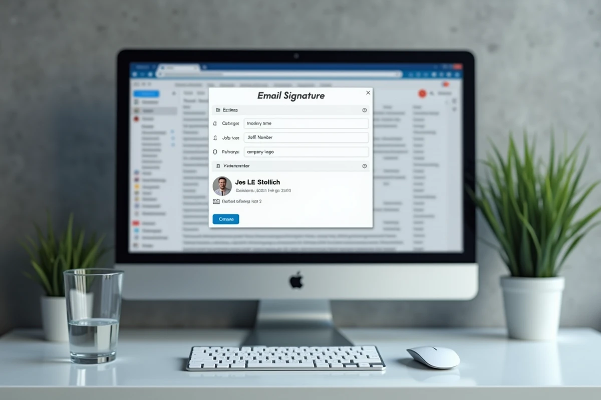 Écran d'ordinateur affichant l'interface de configuration de signature email professionnelle sur un service webmail 1and1