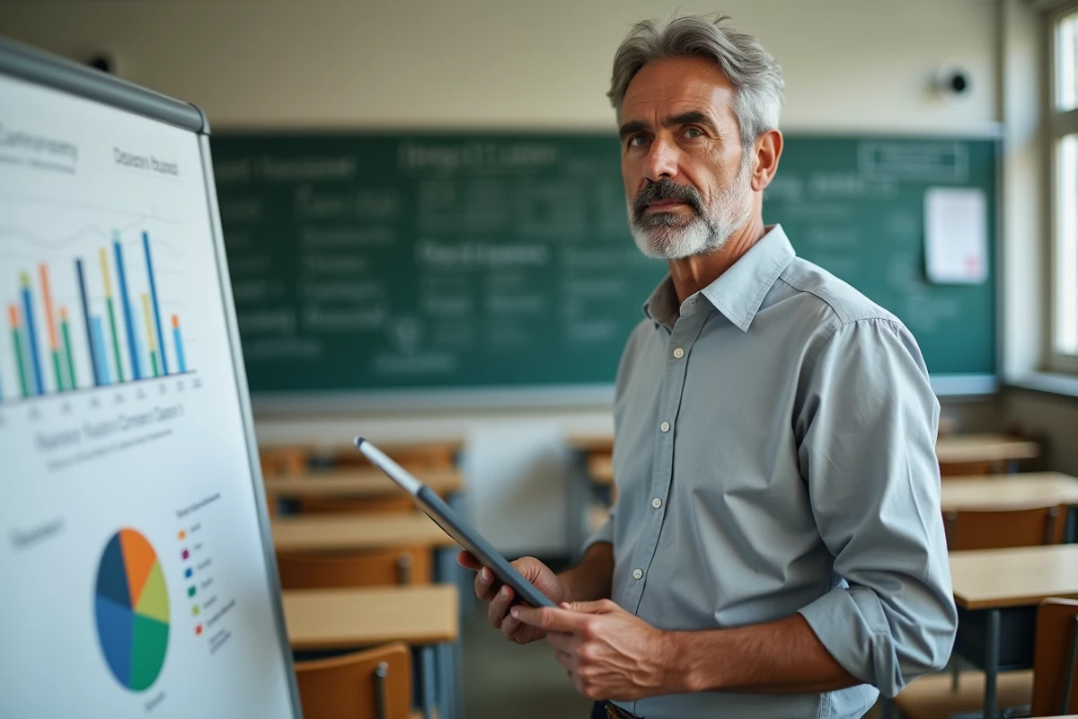 Enseignant consultant des données analytiques d'élèves sur une tablette devant un tableau blanc dans une salle de classe vide
