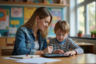 Enseignante scolaire avec élève et tablette en classe