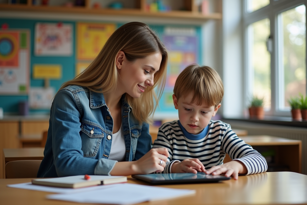 Enseignante scolaire avec élève et tablette en classe