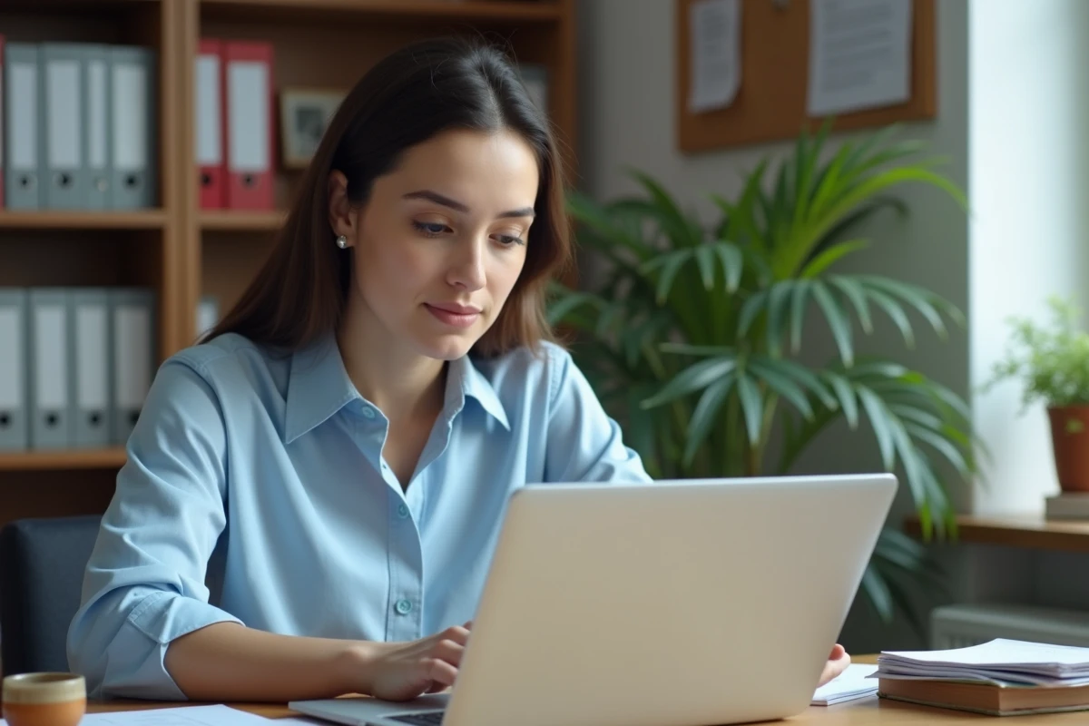 Enseignante consultant sa messagerie académique de Montpellier sur un ordinateur portable dans un bureau universitaire