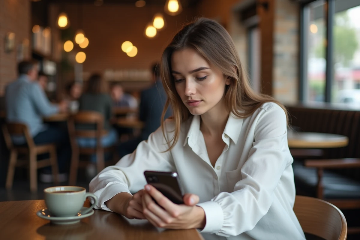 Jeune femme pratiquant le Click Kohi sur mobile dans un café urbain
