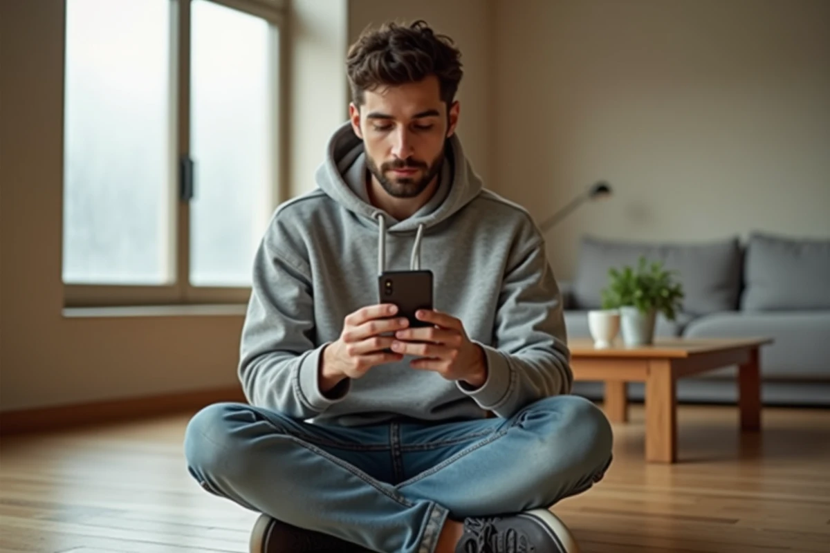 Jeune homme s'entraînant au Click Kohi sur smartphone assis dans un appartement moderne