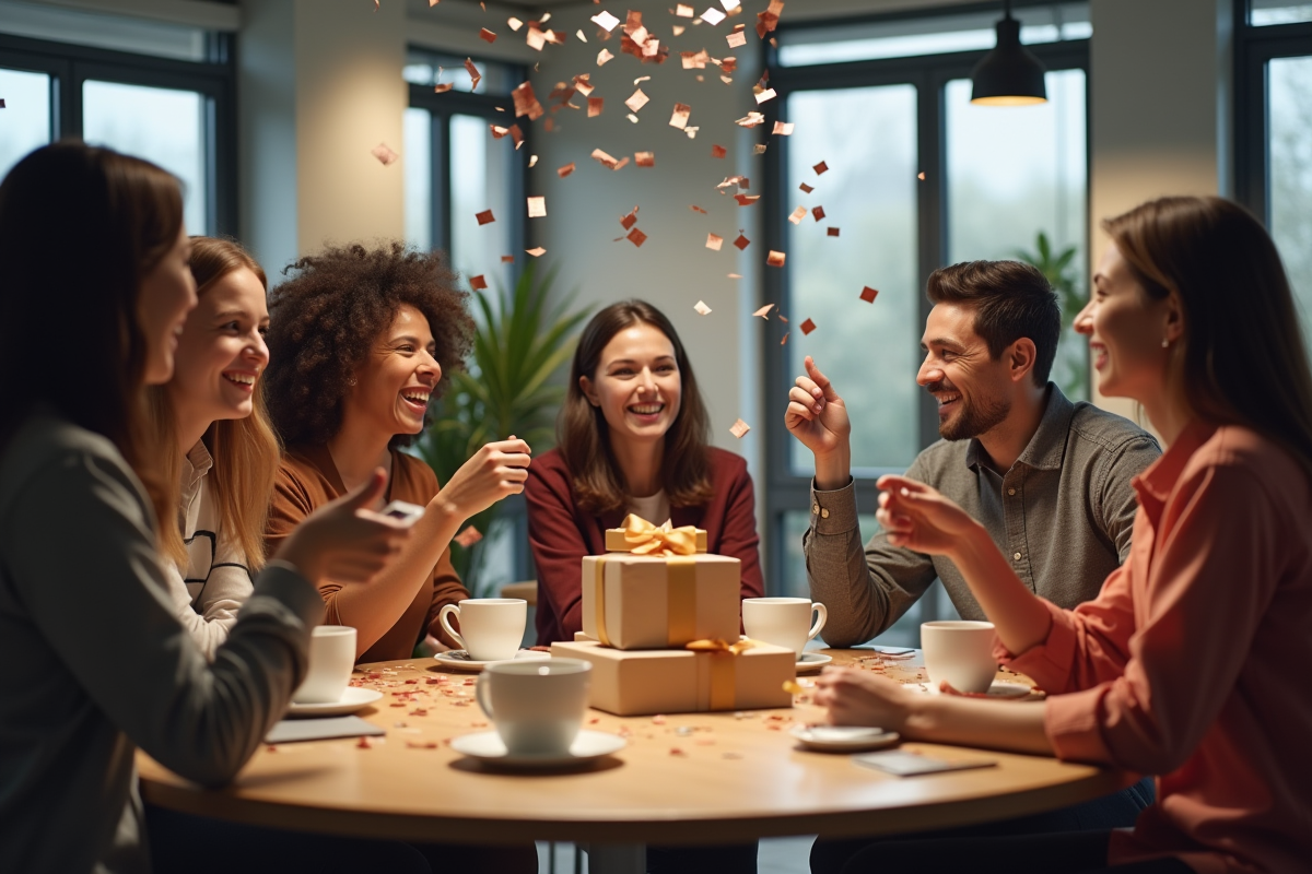 Equipe diverse celebrant autour d une table avec cafe et cadeaux