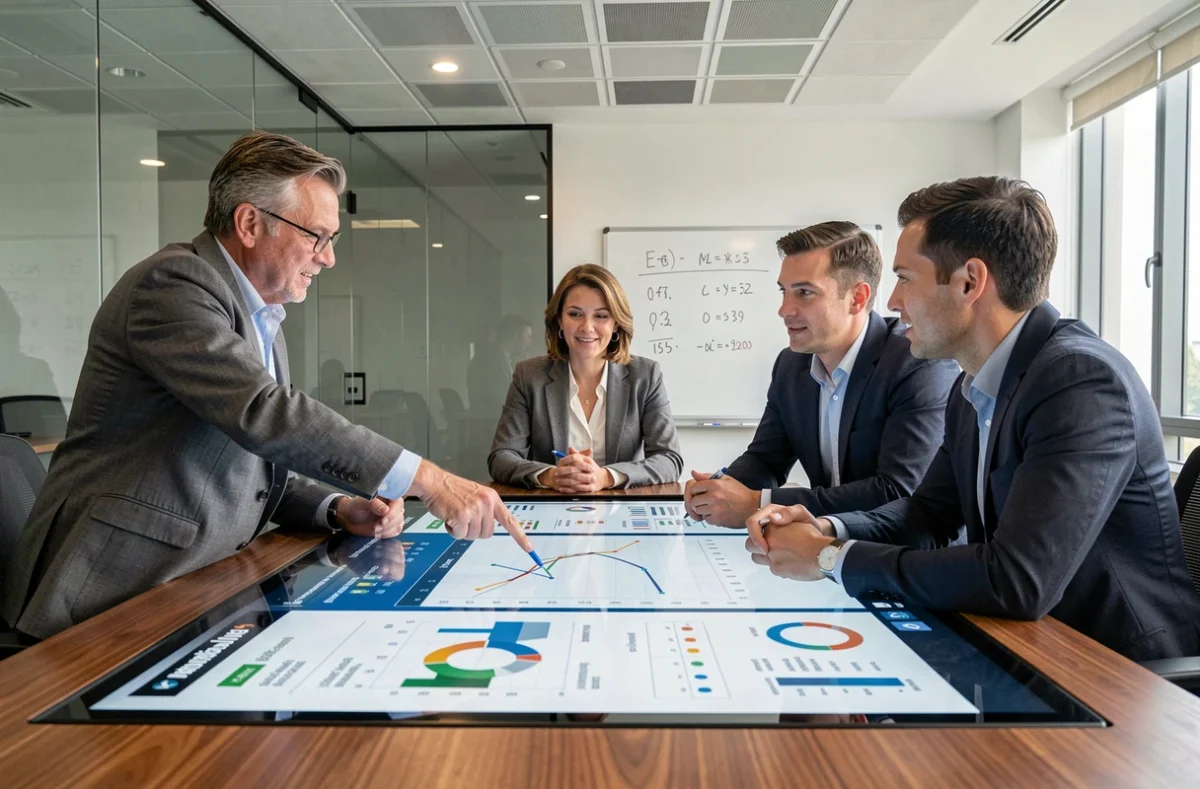 Équipe financière collaborant autour d'une table tactile avec des modèles de prévisions et de reporting