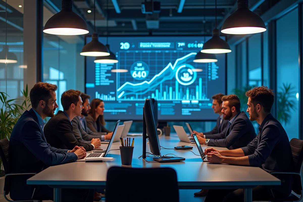 Equipe de marketeurs analysant des données SEO en réunion