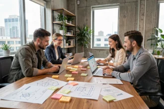 Équipe produit SaaS en réunion autour d'une table de conférence avec wireframes et laptops dans un bureau moderne