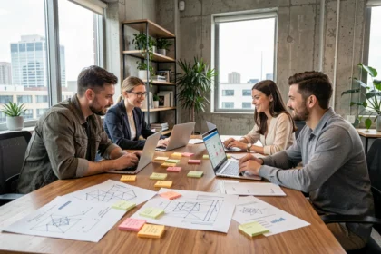 Équipe produit SaaS en réunion autour d'une table de conférence avec wireframes et laptops dans un bureau moderne