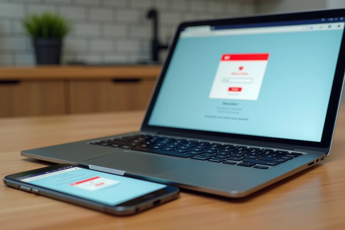 Gros plan d'un ordinateur portable et d'un smartphone affichant une erreur de connexion au webmail 1&1 sur une table de cuisine