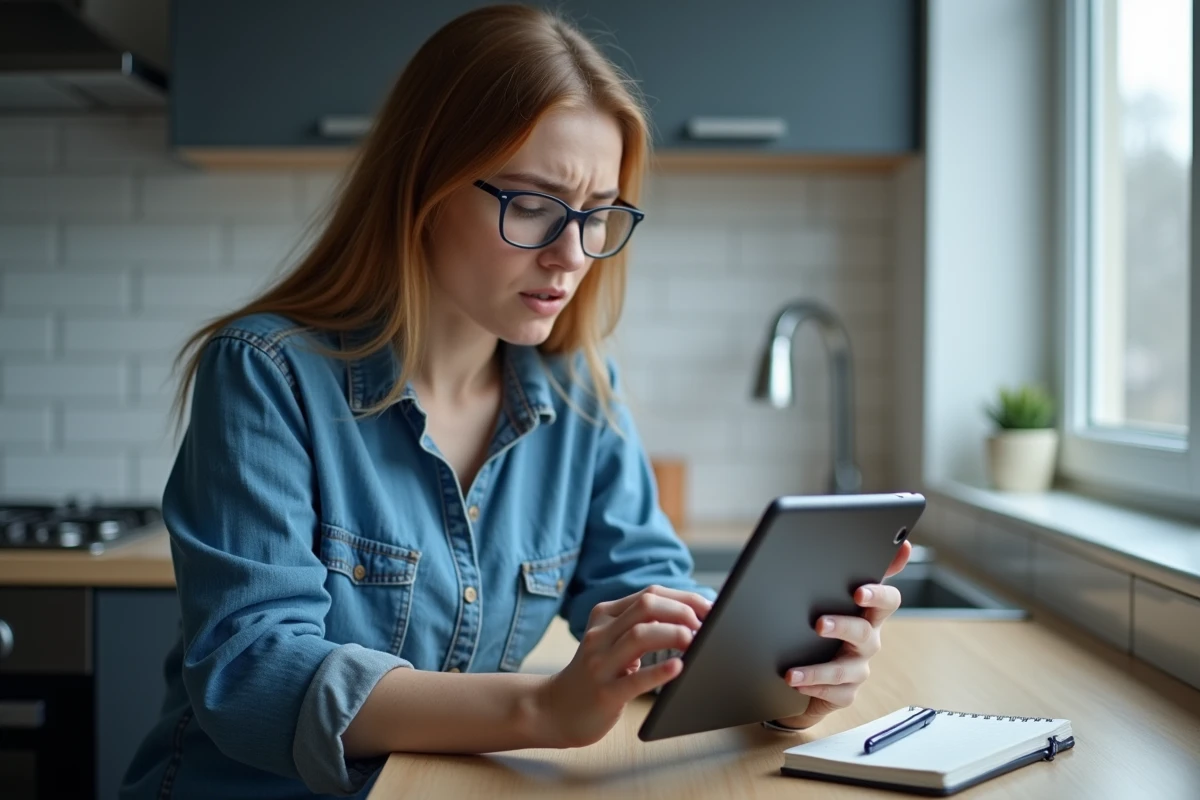Femme tenant une tablette Android affichant un message d'erreur de stockage insuffisant lors de l'installation d'un APK