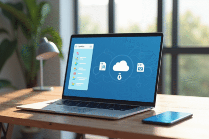 Espace de travail moderne avec ordinateur portable et stockage cloud