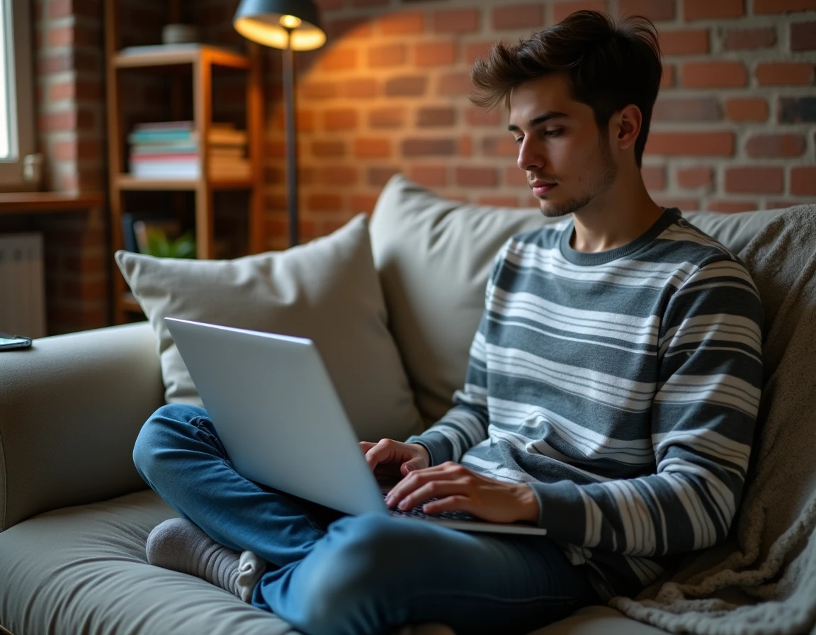 Étudiant convertissant une vidéo YouTube en MP3 sur navigateur web depuis un canapé avec son ordinateur portable