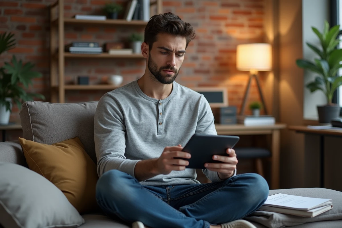Étudiant en droit consultant une comparaison d'intelligences artificielles juridiques sur une tablette dans son appartement