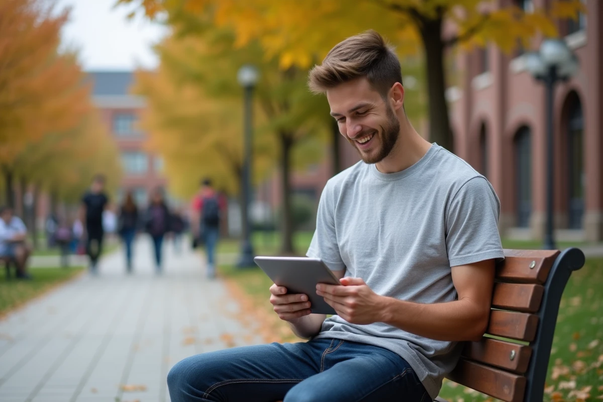 Étudiant consultant le webmail de Nantes sur une tablette en extérieur sur le campus universitaire