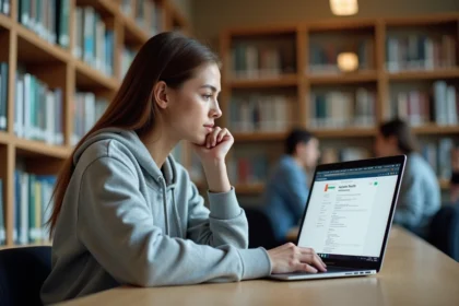 Étudiante d'AgroParisTech consultant son mail institutionnel sur un ordinateur portable dans une bibliothèque universitaire moderne