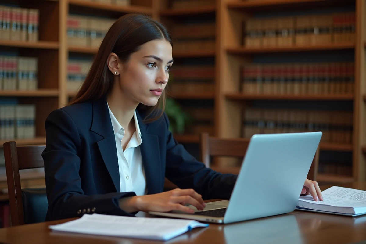 Étudiante en droit comparant des outils IA juridiques sur deux ordinateurs portables dans une bibliothèque universitaire