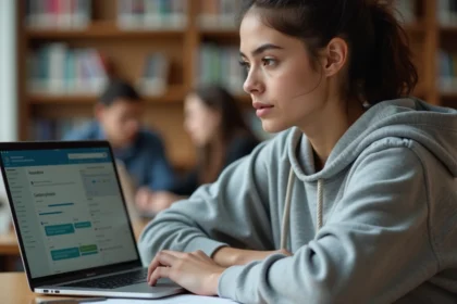 Étudiante consultant le portail MyGES sur son ordinateur portable dans une bibliothèque universitaire moderne