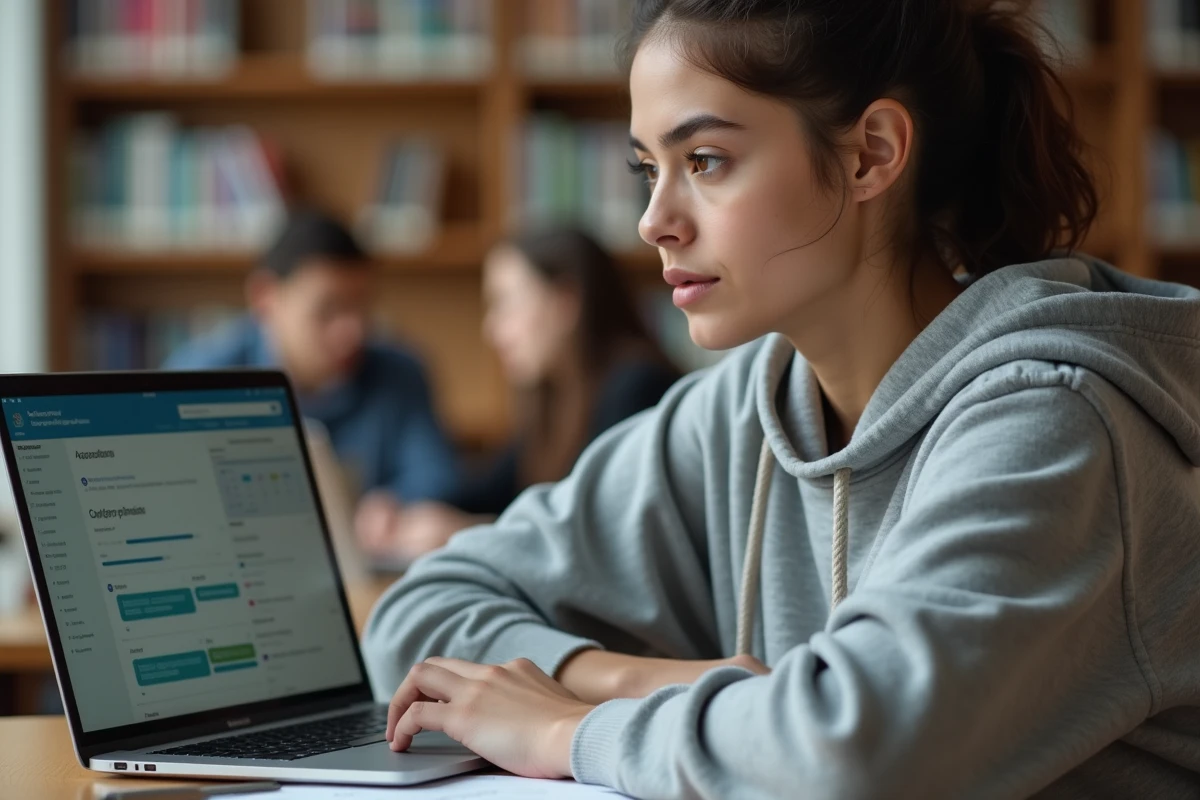 Étudiante consultant le portail MyGES sur son ordinateur portable dans une bibliothèque universitaire moderne