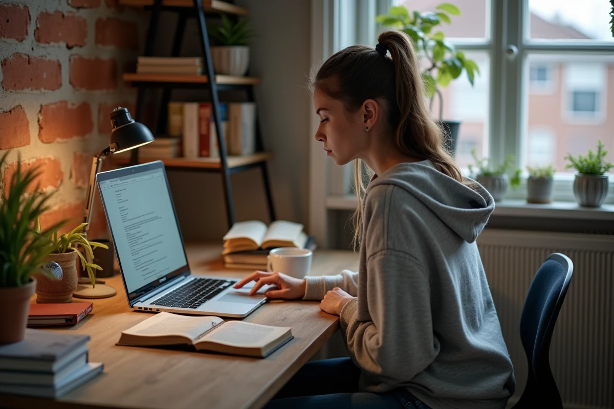Étudiante connectée à son webmail sur son ordinateur portable dans un studio étudiant à Nantes