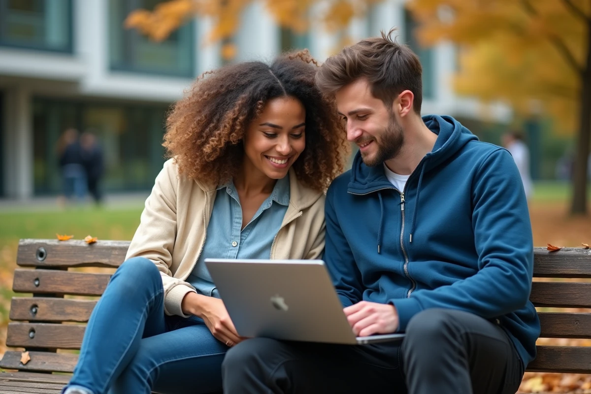 Deux étudiants configurant leur webmail universitaire ensemble sur le campus de Nantes en automne