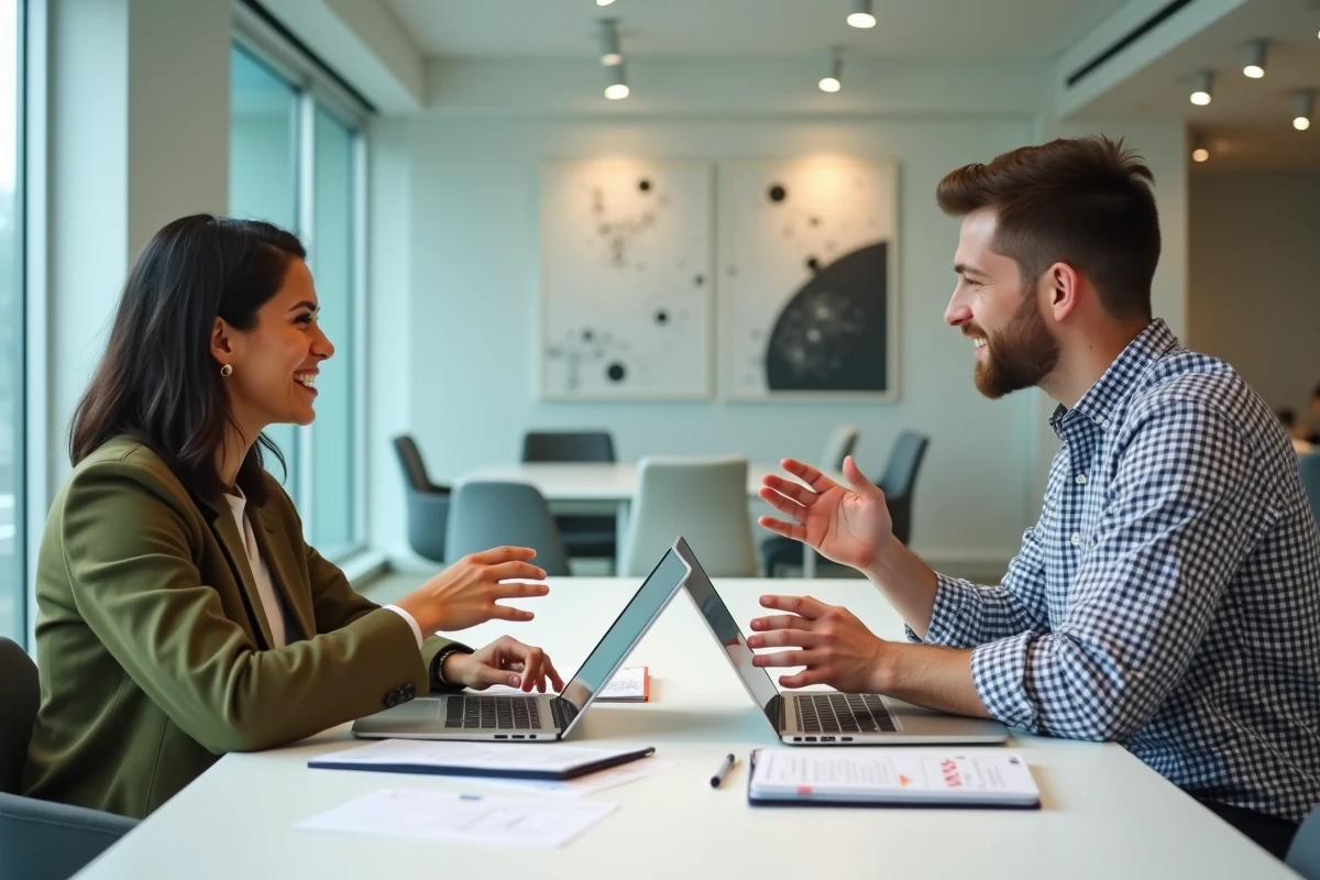Deux étudiants en droit discutant et comparant différentes plateformes d'IA juridique dans un espace de travail collaboratif universitaire