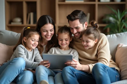 Famille souriante regardant des photos sur une tablette dans le salon