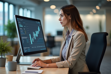 Femme en analyse SEO dans un bureau moderne