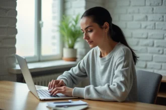 Femme analysant les touches d'un clavier QZERTY sur un ordinateur portable dans un bureau moderne
