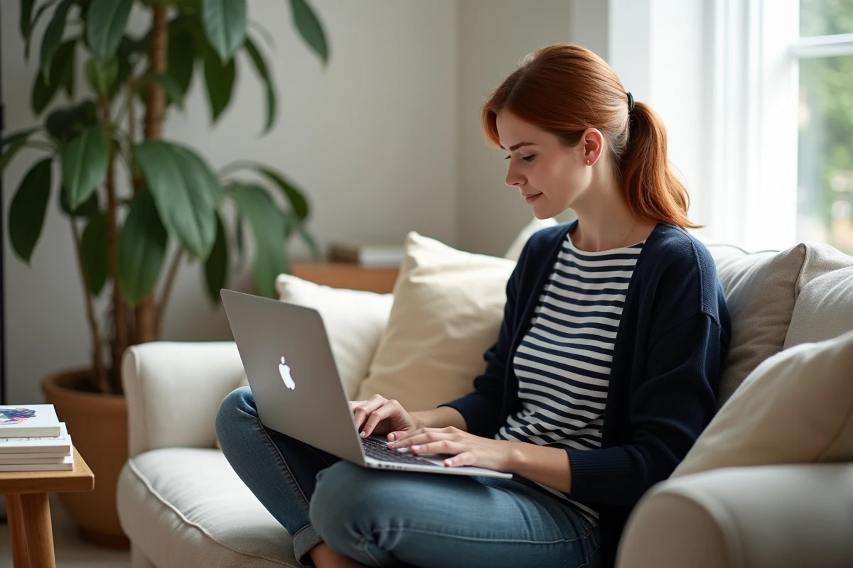 Femme utilisant une application de dessin légère sur MacBook Air dans un salon moderne